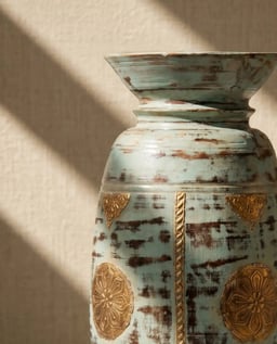 Handcrafted White Distressed Wooden Matka with Intricate Brass Embossing view