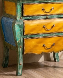 Multicolour Distress Wooden Chest of Three Drawers - Bed Side view