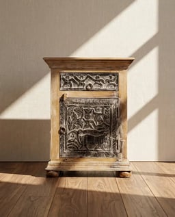 Hand-Carved Tribal Art Wooden Bedside Cabinet view