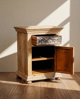 Hand-Carved Tribal Art Wooden Bedside Cabinet view