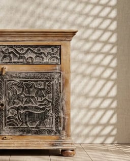 Hand-Carved Tribal Art Wooden Bedside Cabinet view