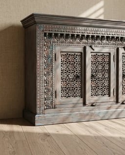 Wooden Carved Side Board - Blue/ Pink Distressed and Antiqued view