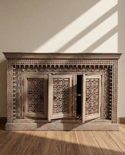 Wooden Carved Side Board - Blue/ Pink Distressed and Antiqued view