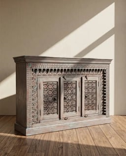 Wooden Carved Side Board - Blue/ Pink Distressed and Antiqued view