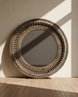 Antique Grey Hand Carved Round Mirror Frame view