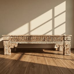 Antique Finish Carved Wooden Bench Large view